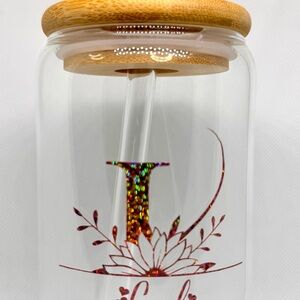 Personalized Holographic Floral Glass Tumbler with Bamboo Lid
